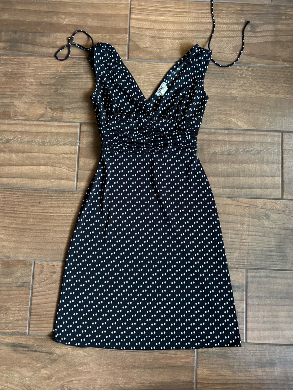Vintage Hipnotik Black White Polka Dot Ruched Midi Dress Adjustable Tie Straps S